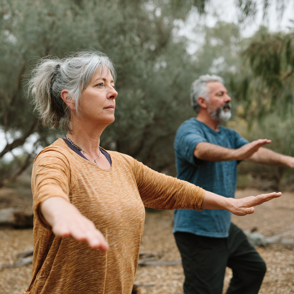 Middle-aged adults practicing gentle movement exercises in natural outdoor setting