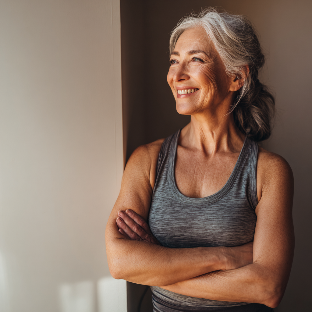 Older adult woman smiling confidently after completing gentle exercise routine